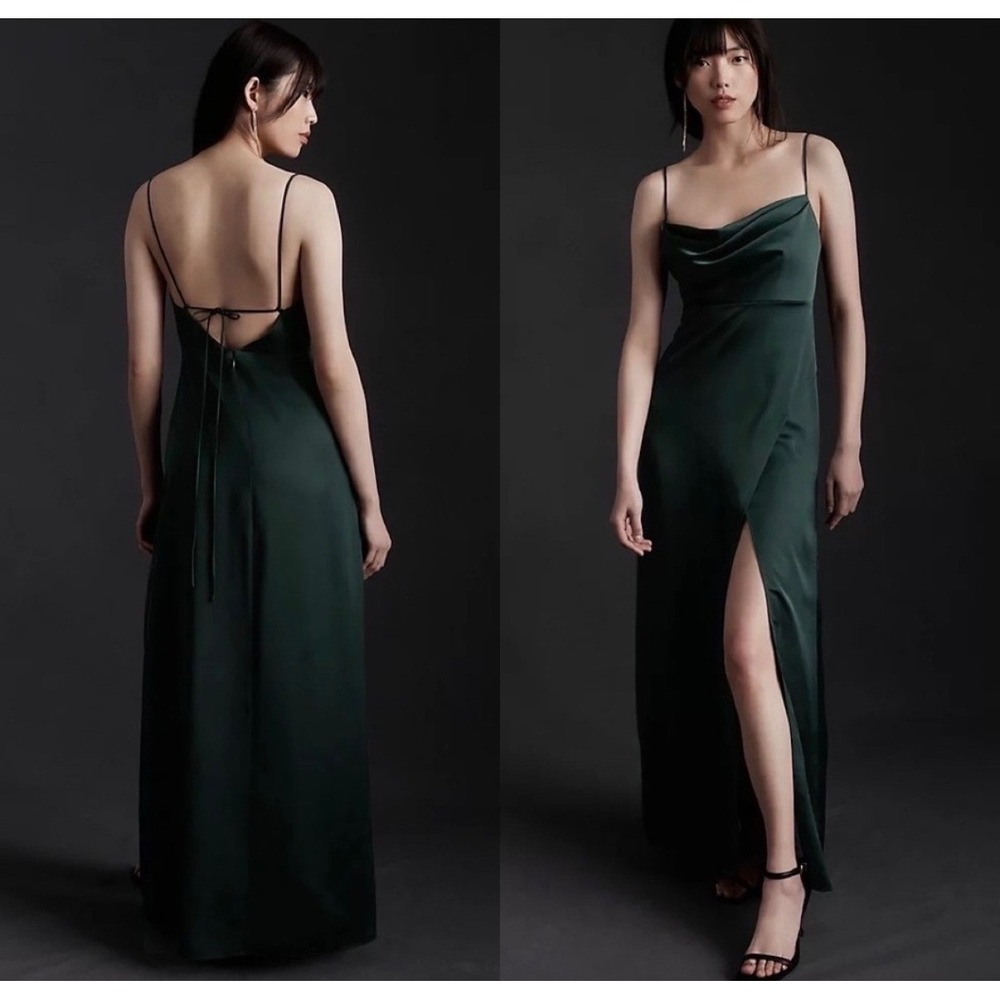 BHLDN |‎ Remy Cowl Neck Gown Size 0 Emerald Satin Faux Wrap Maxi Dress Wedding